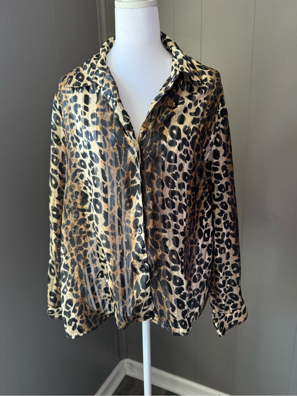 Dress Barn Leopard-Print Button Down Shirt in Tan, Black, Cream